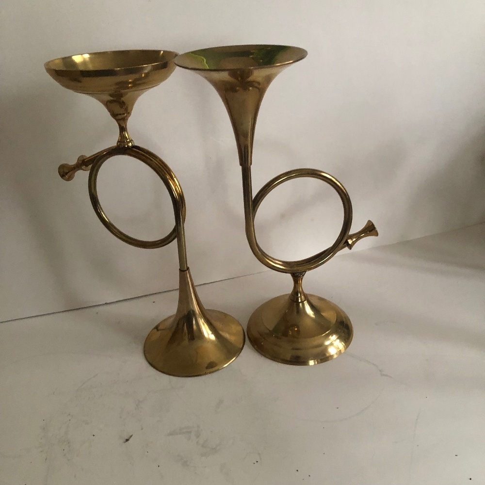 COPY - Vintage brass Trumpet candle holders. Gold horn candlesticks,  Christmas…